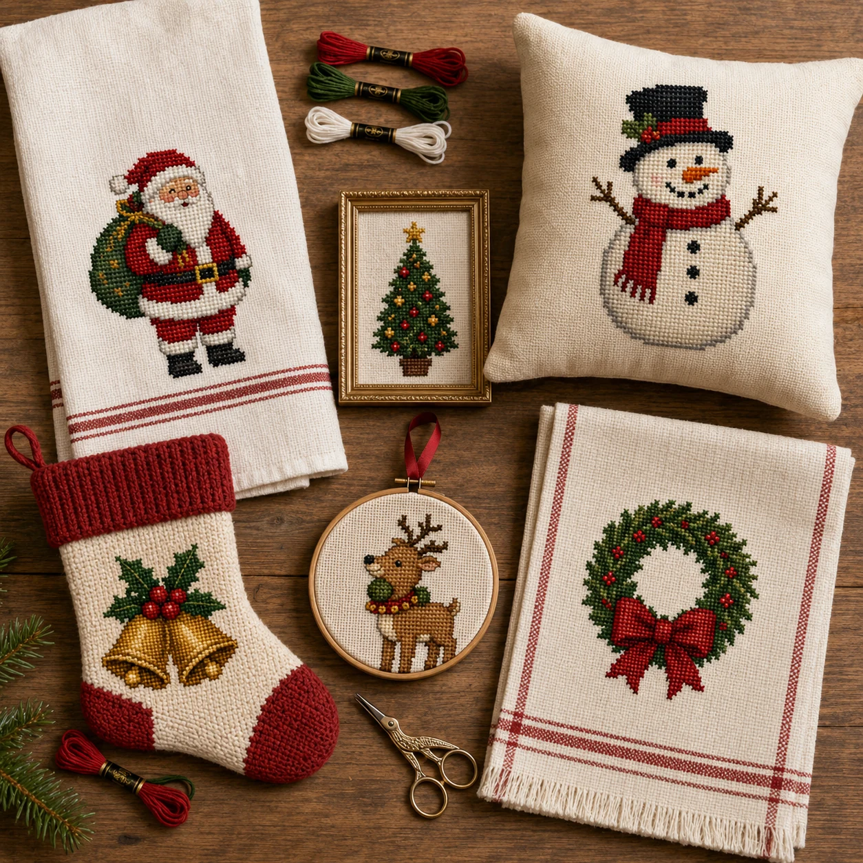 Dish towel, cushion, stocking, framed piece and hoop embroidered in Christmas cross-stitch
